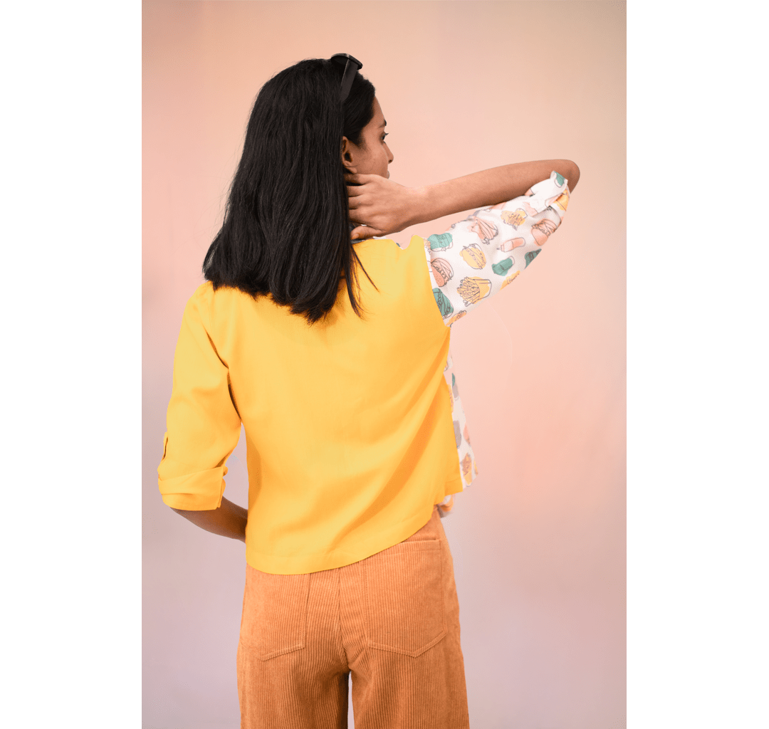 Yellow half and half burger 3/4th sleeves crop top