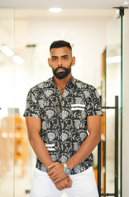 Black and white ethnic floral printed shirt