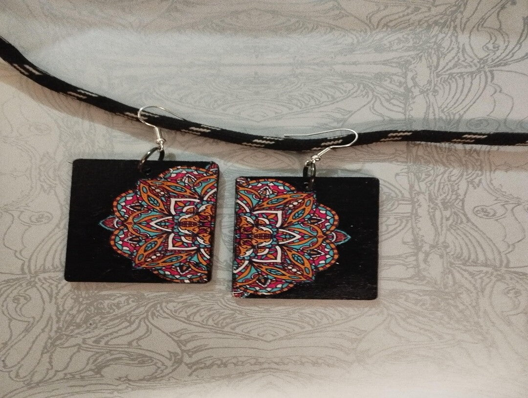 Rectangular Mandala Art Earrings