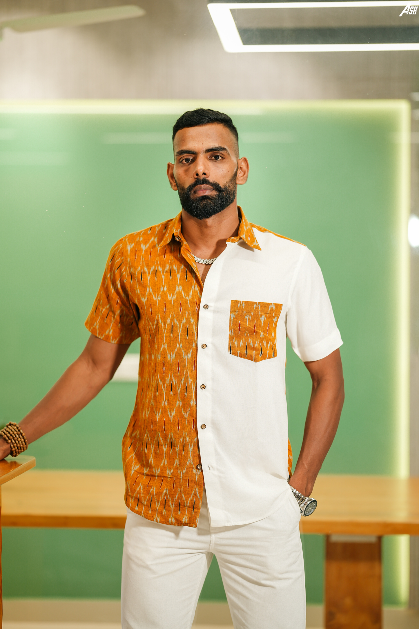 Ikkat and Cotton Shirt Half and Half Mustard White