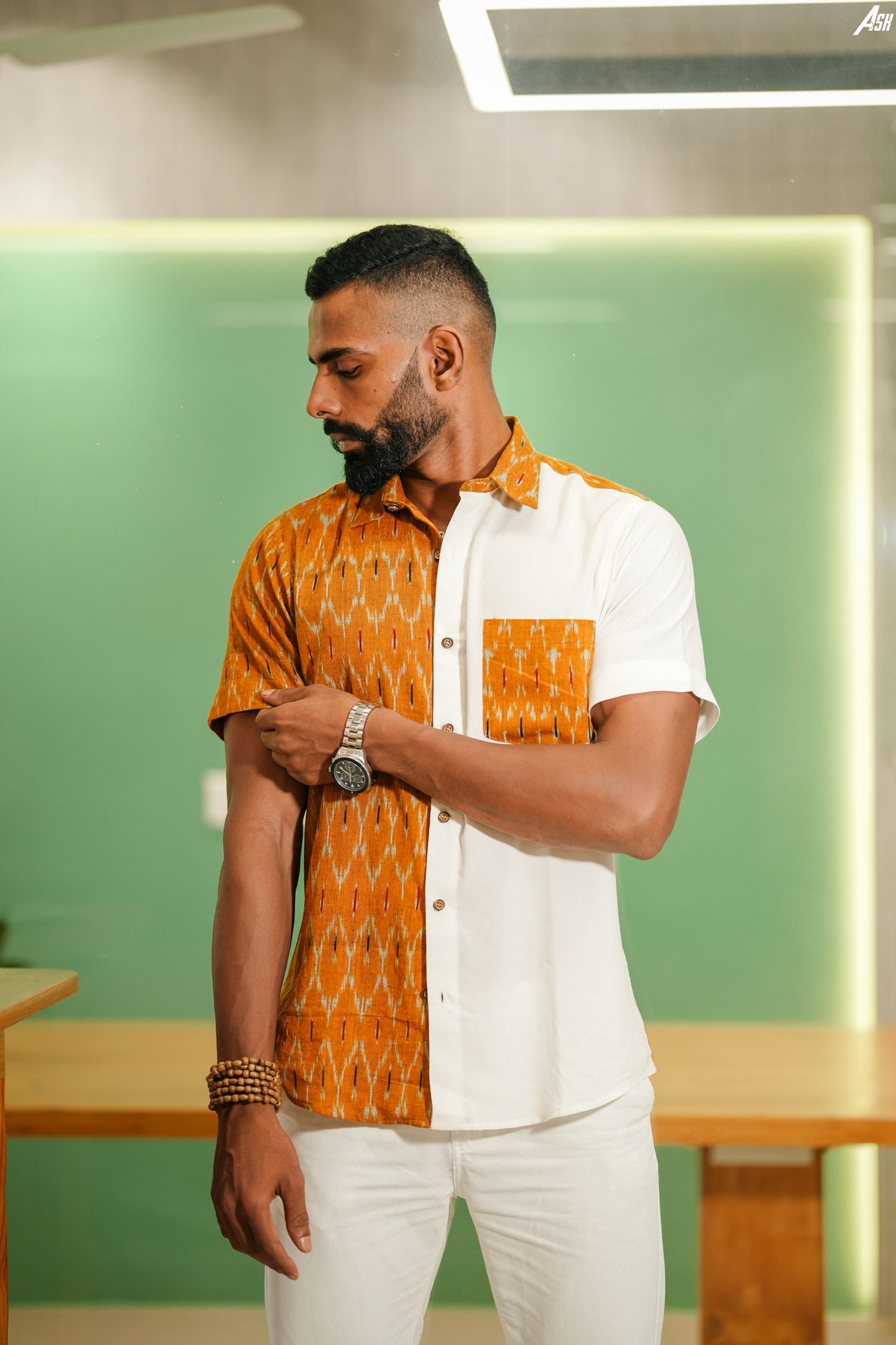 Ikkat and Cotton Shirt Half and Half Mustard White