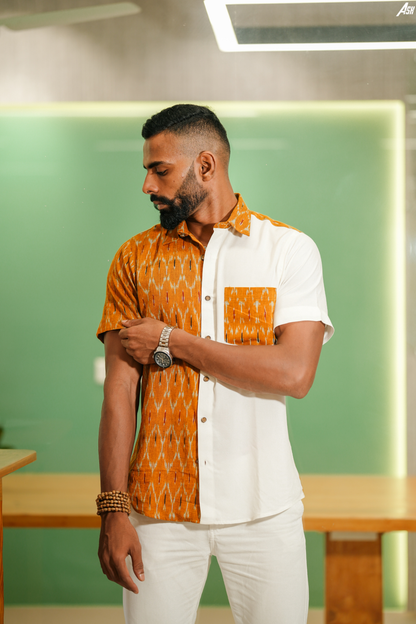 Ikkat and Cotton Shirt Half and Half Mustard White