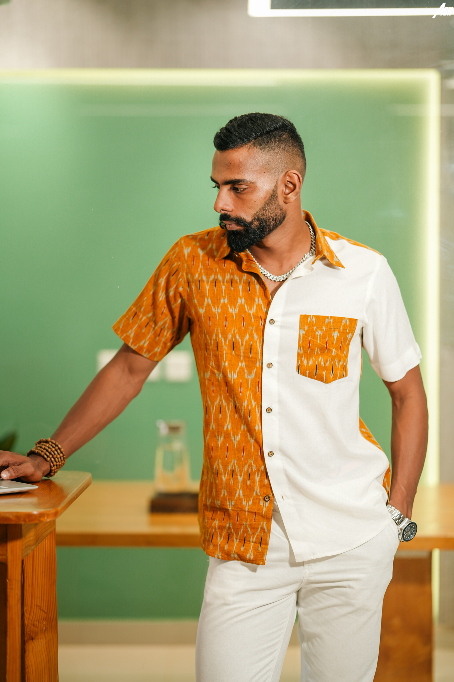 Ikkat and Cotton Shirt Half and Half Mustard White