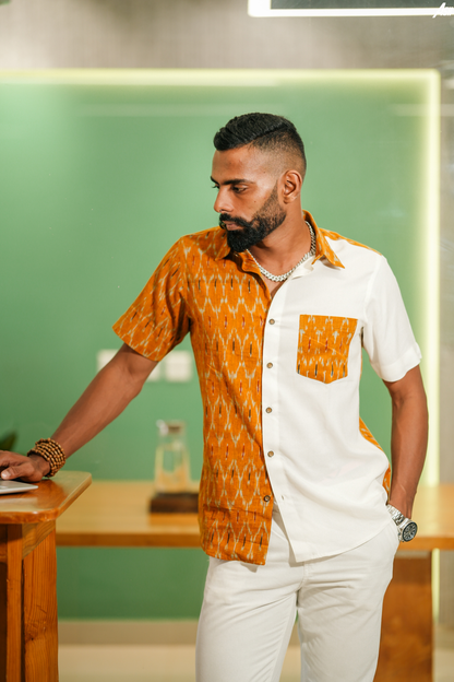 Ikkat and Cotton Shirt Half and Half Mustard White