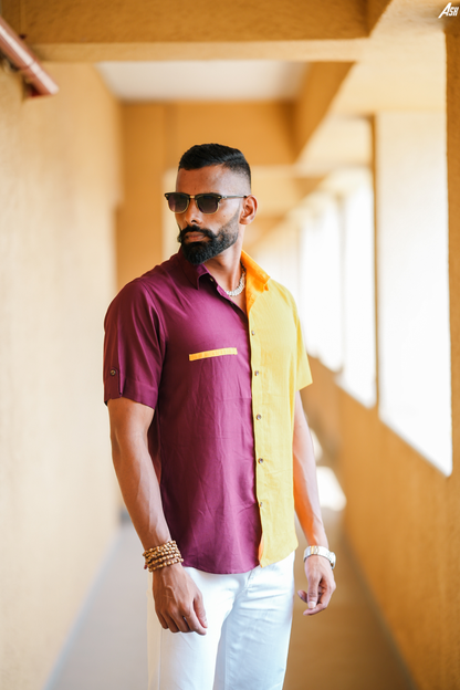 Half and Half Maroon and Yellow Kantha Shirt