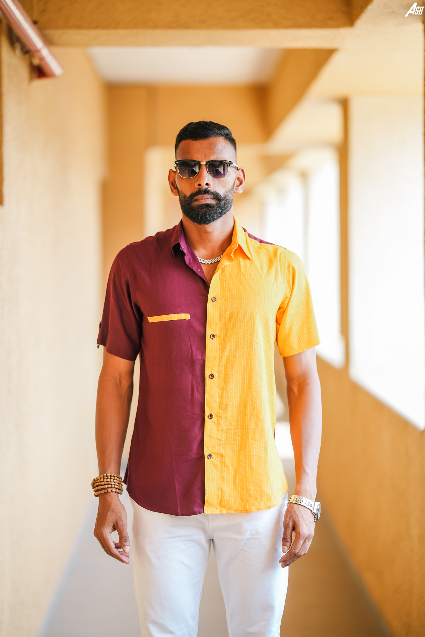 Half and Half Maroon and Yellow Kantha Shirt