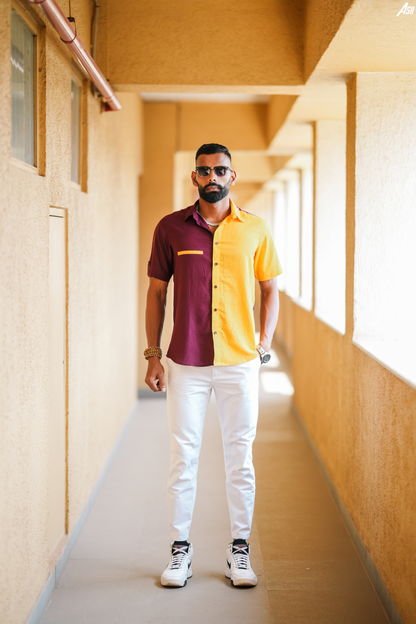 Half and Half Maroon and Yellow Kantha Shirt