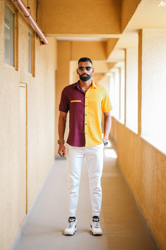 Half and Half Maroon and Yellow Kantha Shirt
