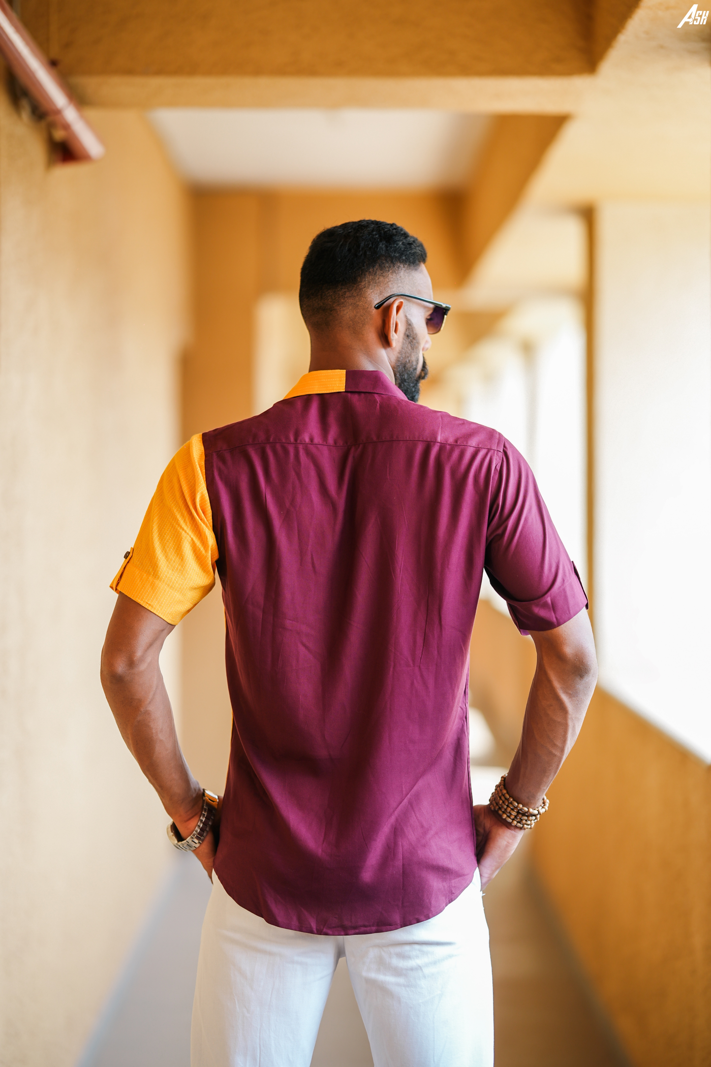 Half and Half Maroon and Yellow Kantha Shirt