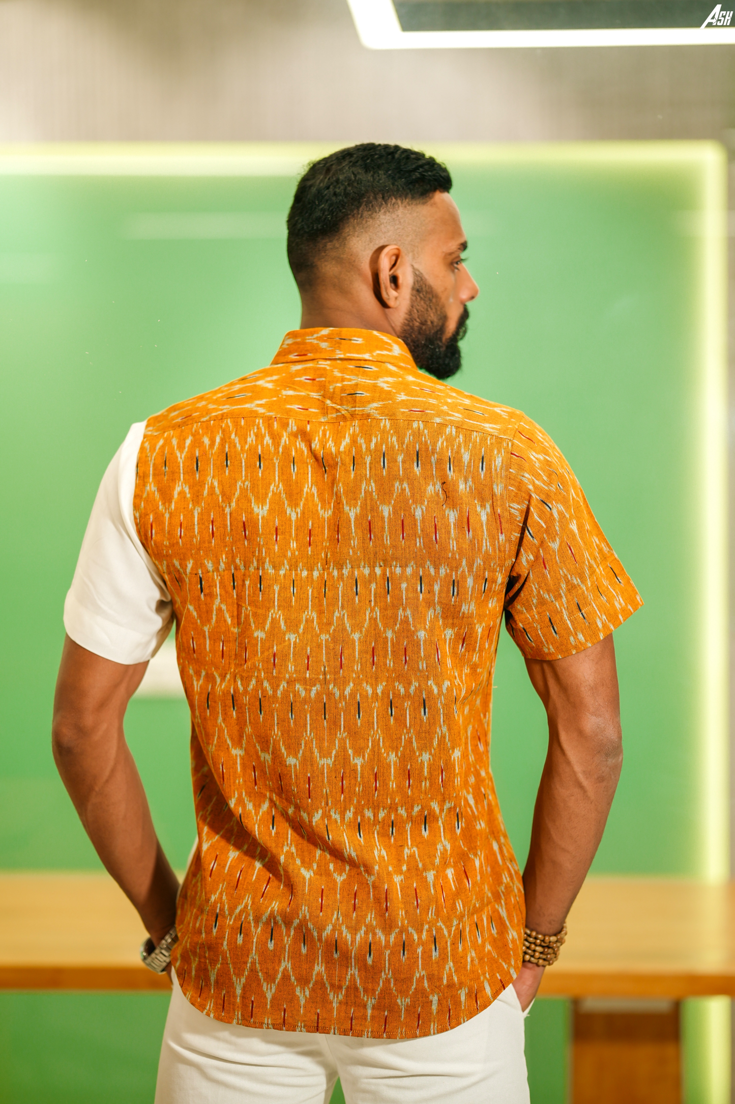 Ikkat and Cotton Shirt Half and Half Mustard White