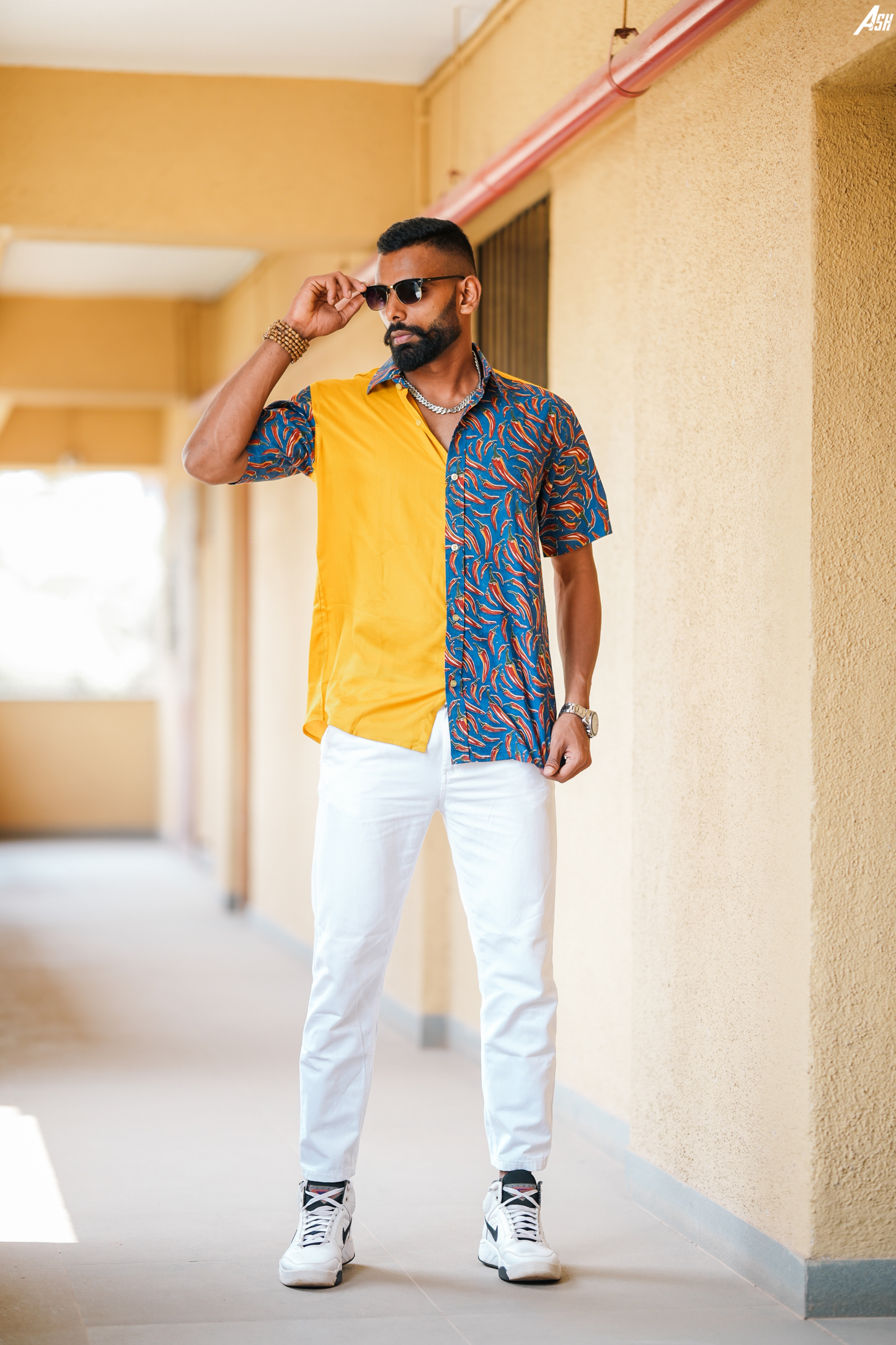 Chili Printed Cotton Half and Half Shirt
