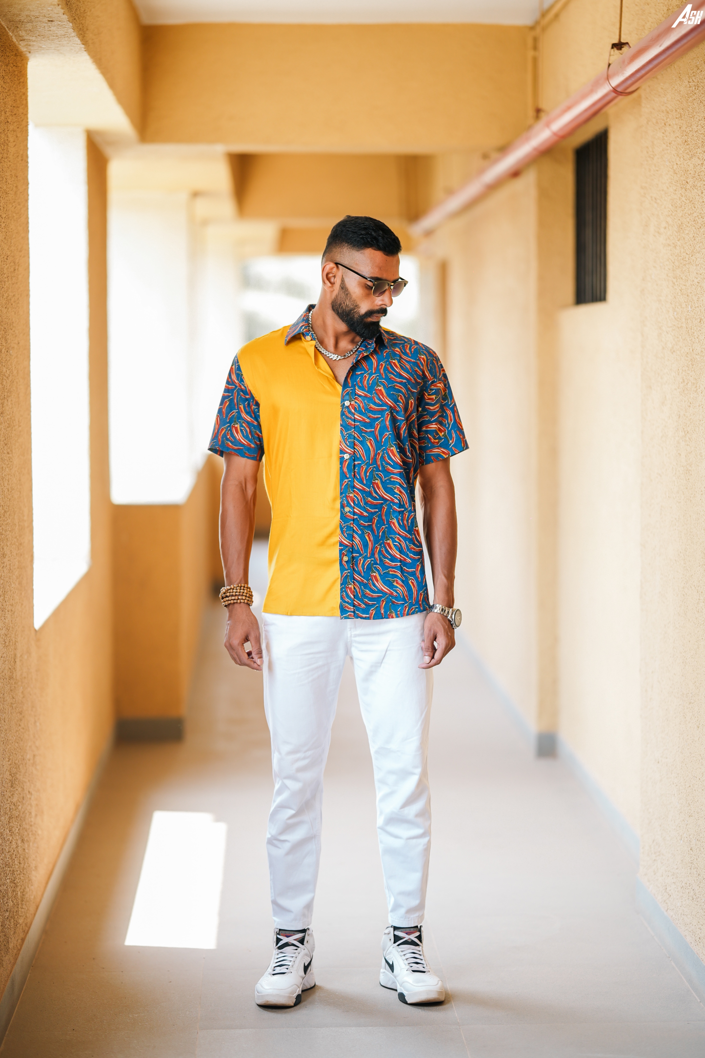 Chili Printed Cotton Half and Half Shirt