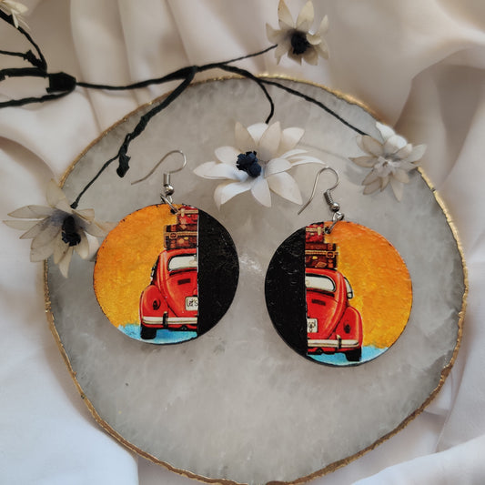 Hand Painted Split Vintage Car Round Earrings