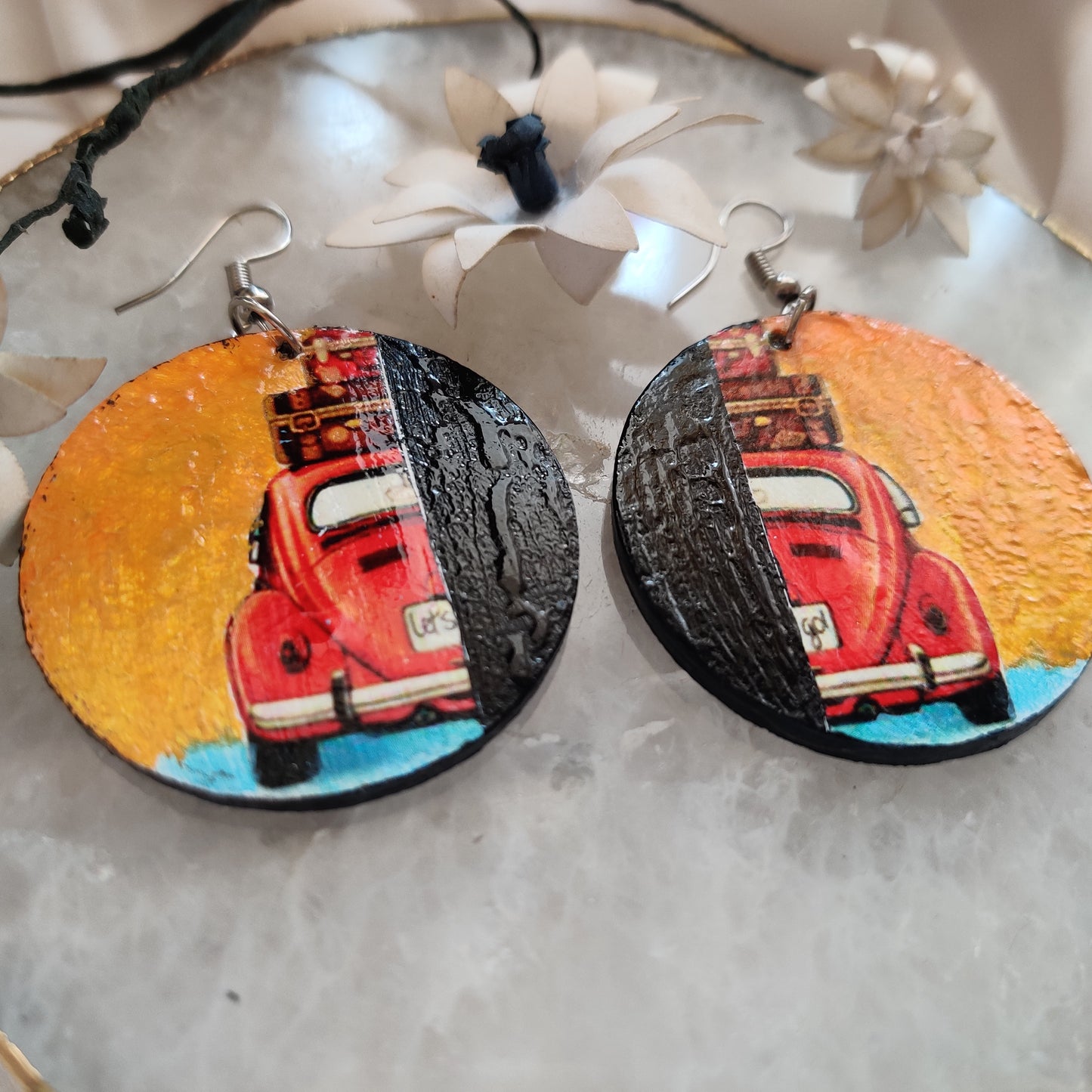 Hand Painted Split Vintage Car Round Earrings