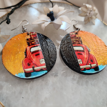 Hand Painted Split Vintage Car Round Earrings