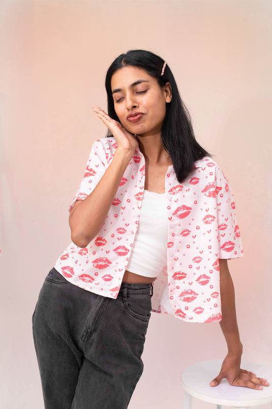 Women's Lips Print Cropped Shirt