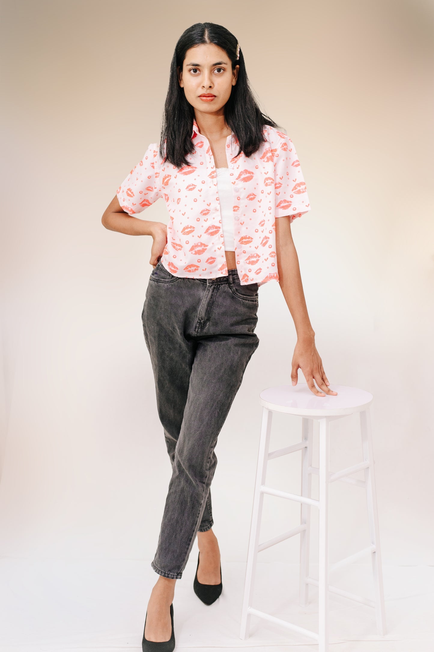 Women's Lips Print Cropped Shirt