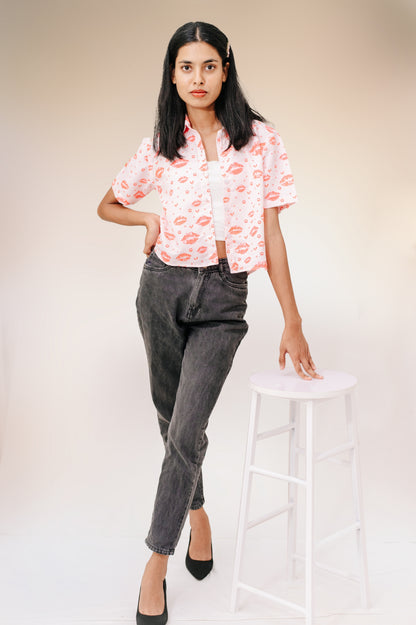 Women's Lips Print Cropped Shirt