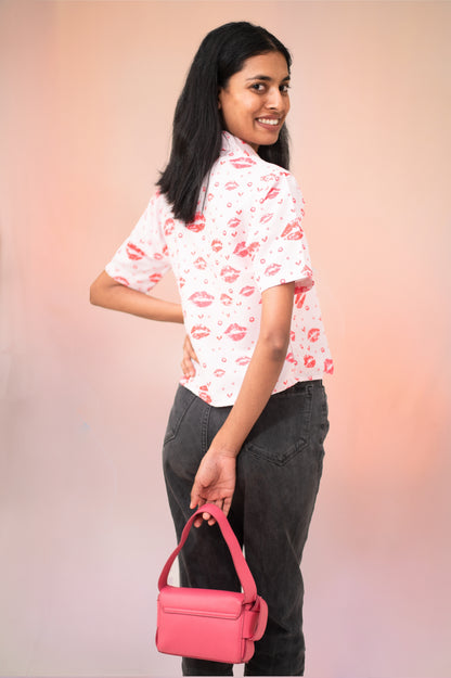 Women's Lips Print Cropped Shirt