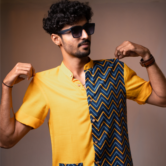 Yellow and blue half and half zig zag print with patch pocket short sleeve shirt
