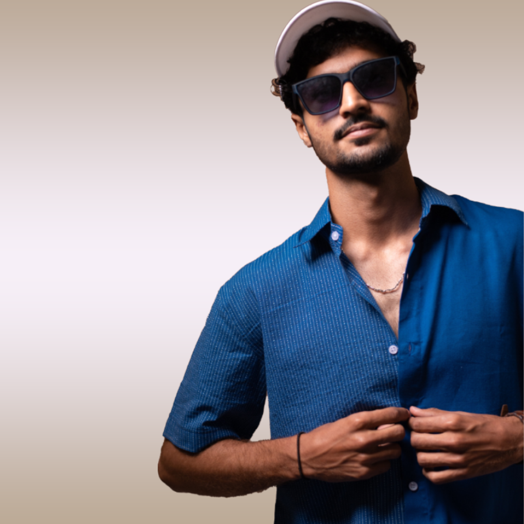 Blue half and half plain and kantha half sleeves shirt