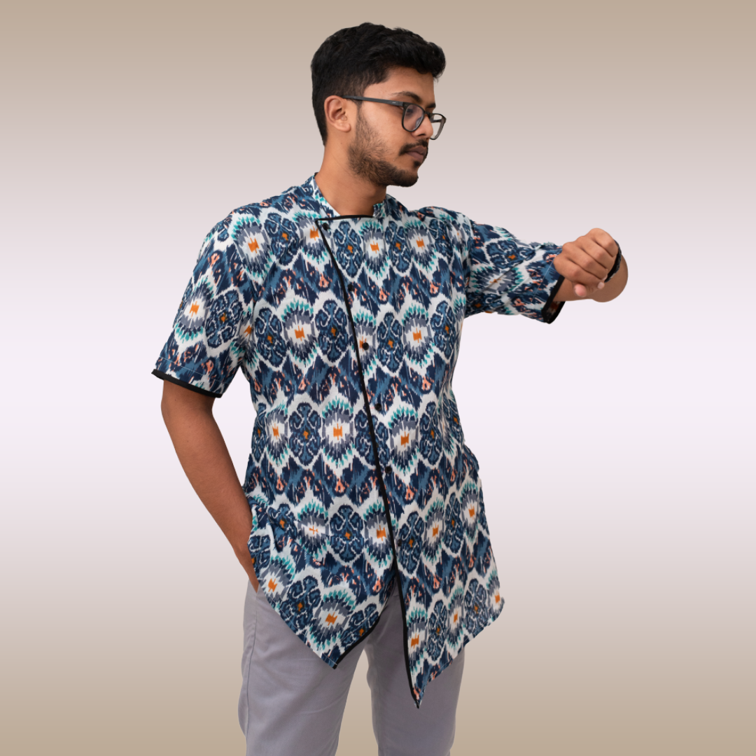 Blue all over mixed print Chinese collar short sleeved shirt with black piping