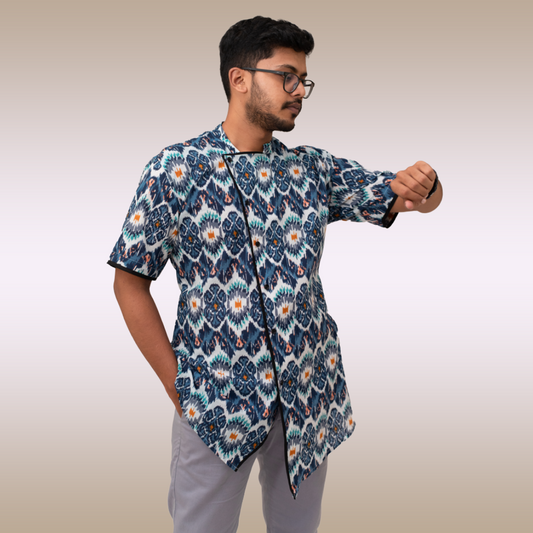 Blue all over mixed print Chinese collar short sleeved shirt with black piping