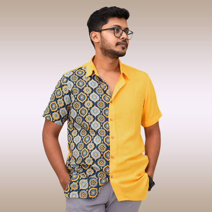 Yellow and blue half and half tiled print short sleeve shirt