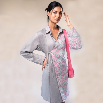 Grey rayon and cotton tie up dress half and half circle pink print