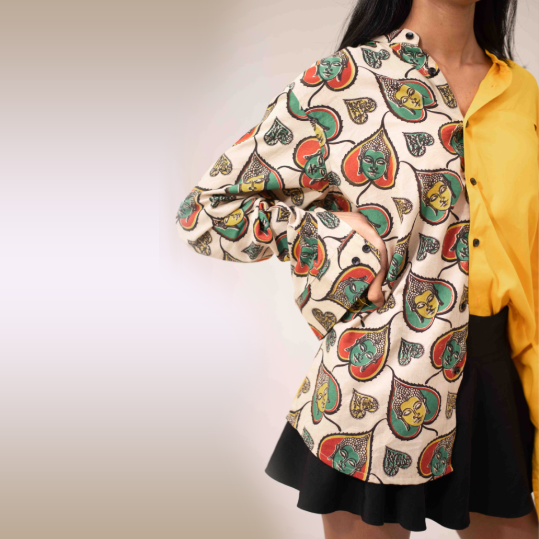 Yellow half and half buddha printed long sleeves shirt