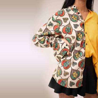 Yellow half and half buddha printed long sleeves shirt