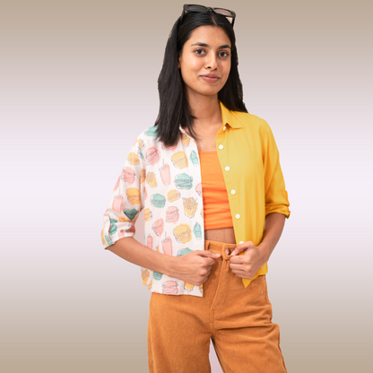 Yellow half and half burger 3/4th sleeves crop top