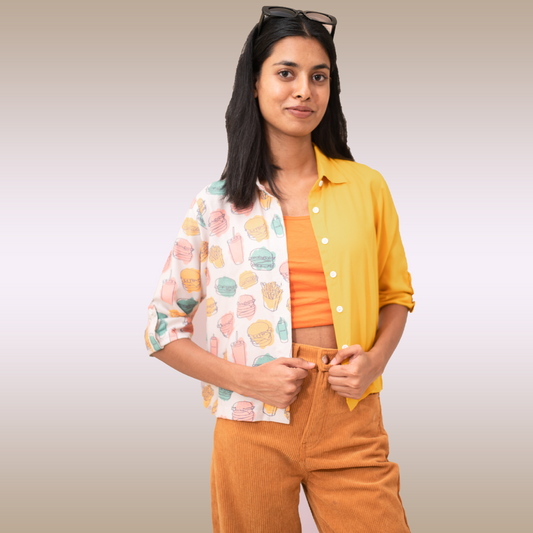 Yellow half and half burger 3/4th sleeves crop top