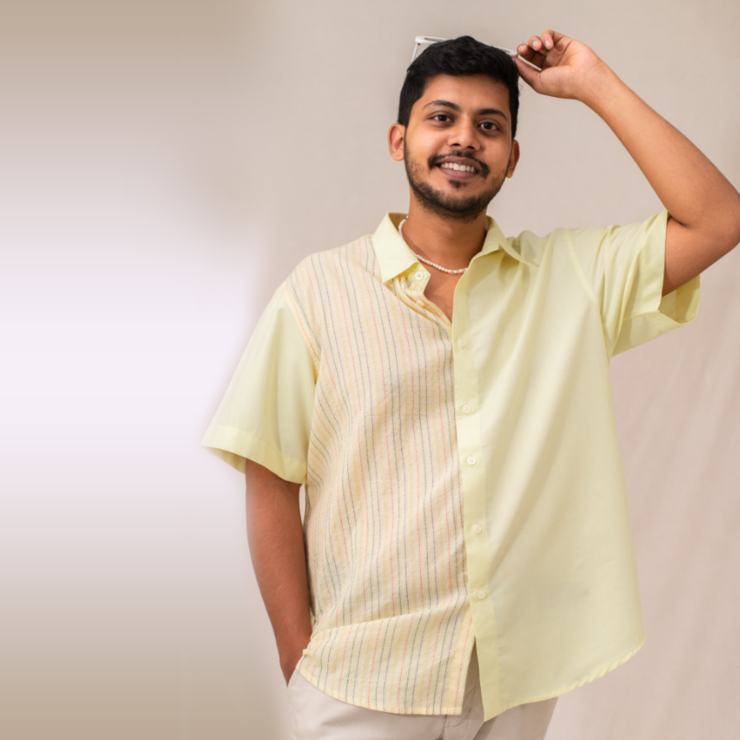 Yellow half and half plain and kantha half sleeves shirt