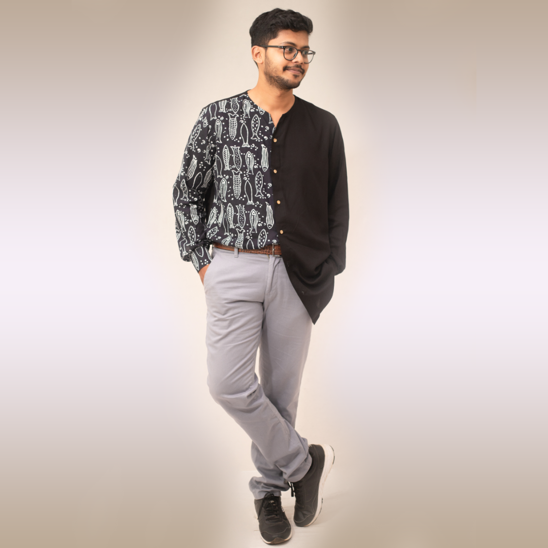 Black half and half fish printed long sleeves shirt