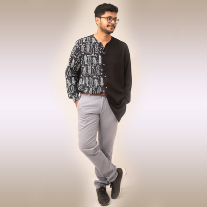 Black half and half fish printed long sleeves shirt