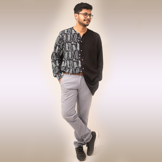 Black half and half fish printed long sleeves shirt