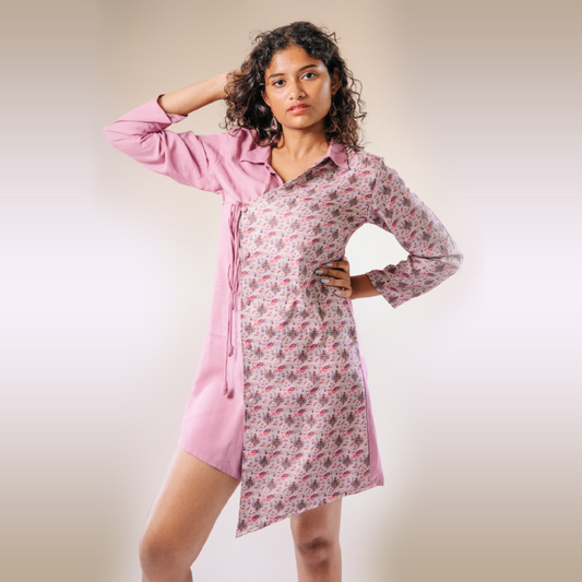 Pink rayon and cotton tie up dress half and half pink paisley print