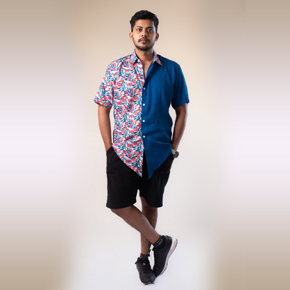 Blue half and half plain and red floral half sleeves shirt