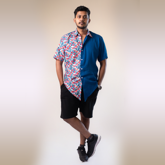 Blue half and half plain and red floral half sleeves shirt