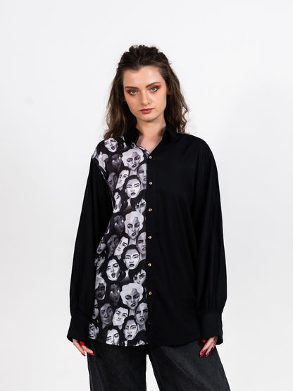 Half and half all in it together variation 2 print and black shirt with normal collar and gathered full sleeved shirt