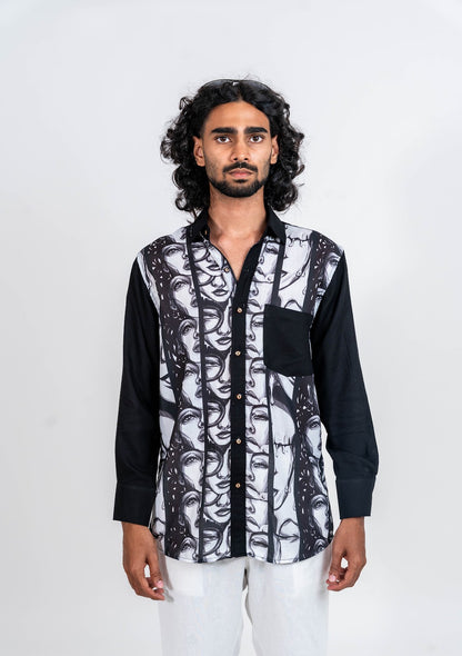 Super strips women variation 3 black and white printed shirt with black pocket, normal collar and soft cuff full sleeved shirt
