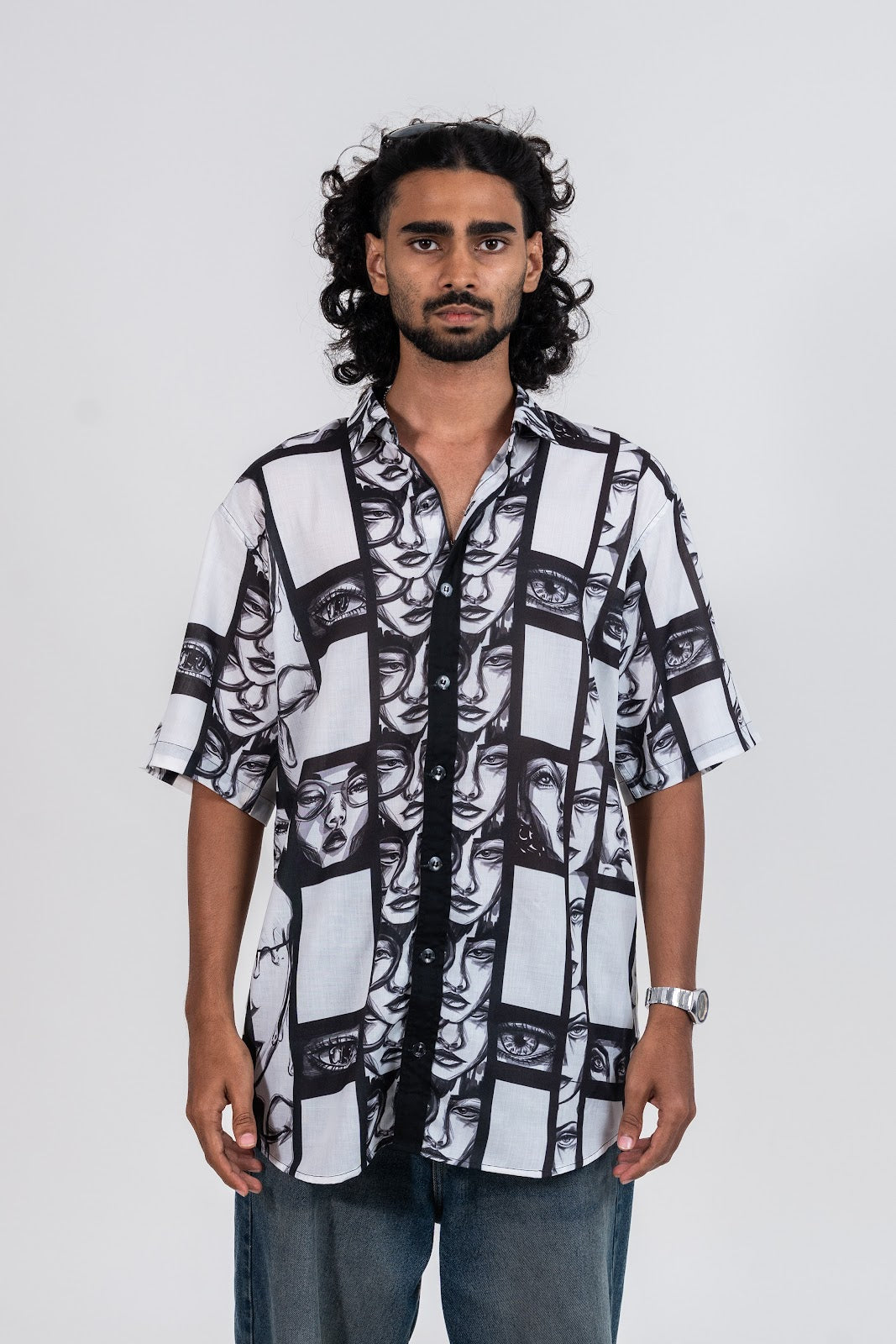 Super strips women variation 1 black and white printed shirt with normal collar, black placket and short sleeved shirt