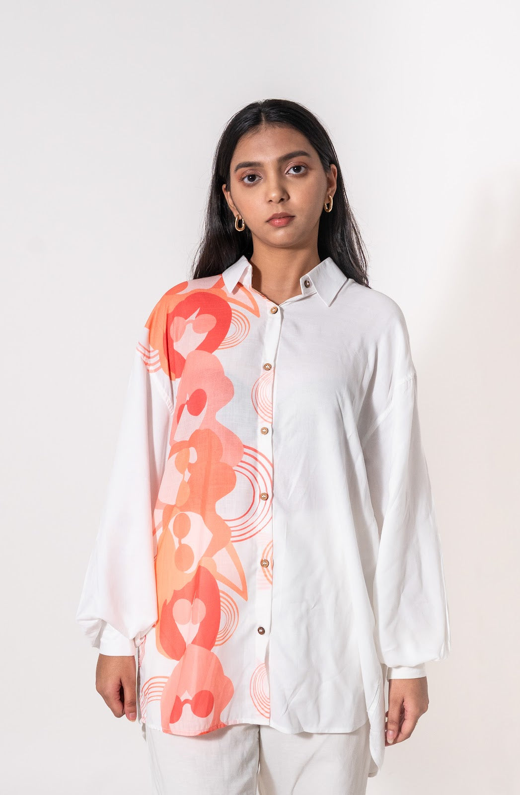 Half and Half topsy turvy variation 3 orange tone and white shirt for women with puff long sleeves