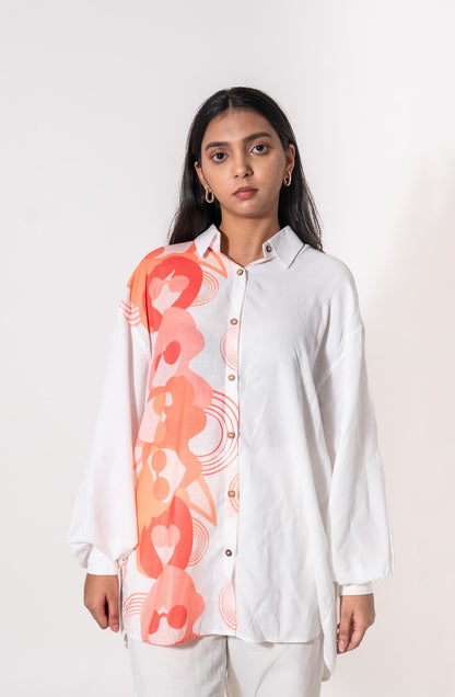 Half and Half topsy turvy variation 3 orange tone and white shirt for women with puff long sleeves