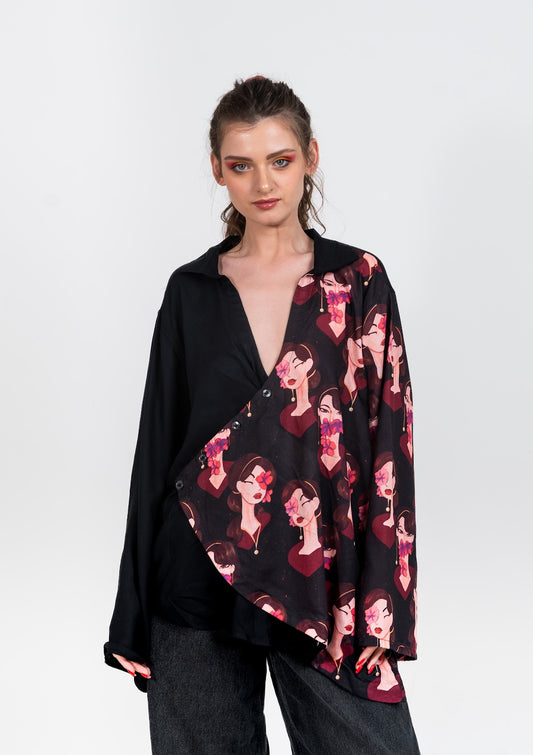 Deep neck collared half and half black shirt with Eastern Belle variation 1 print flap